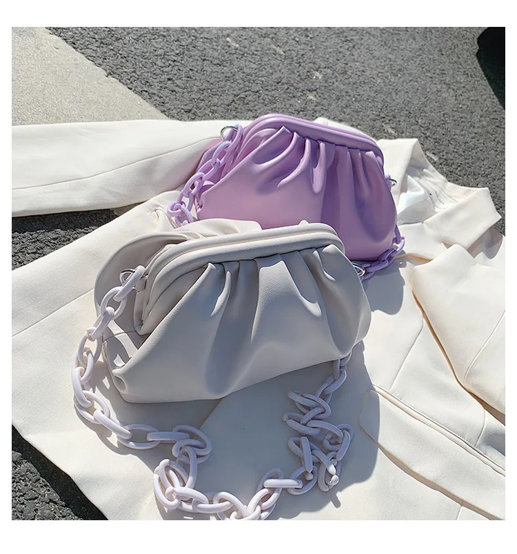 

Yiwu Factory New Published Ladies soft PU Leather Dumpling Bags Wholesale with Acrylic Chain women clutch bags wholesale, Red,blue,green,neon green, clear 5 colors