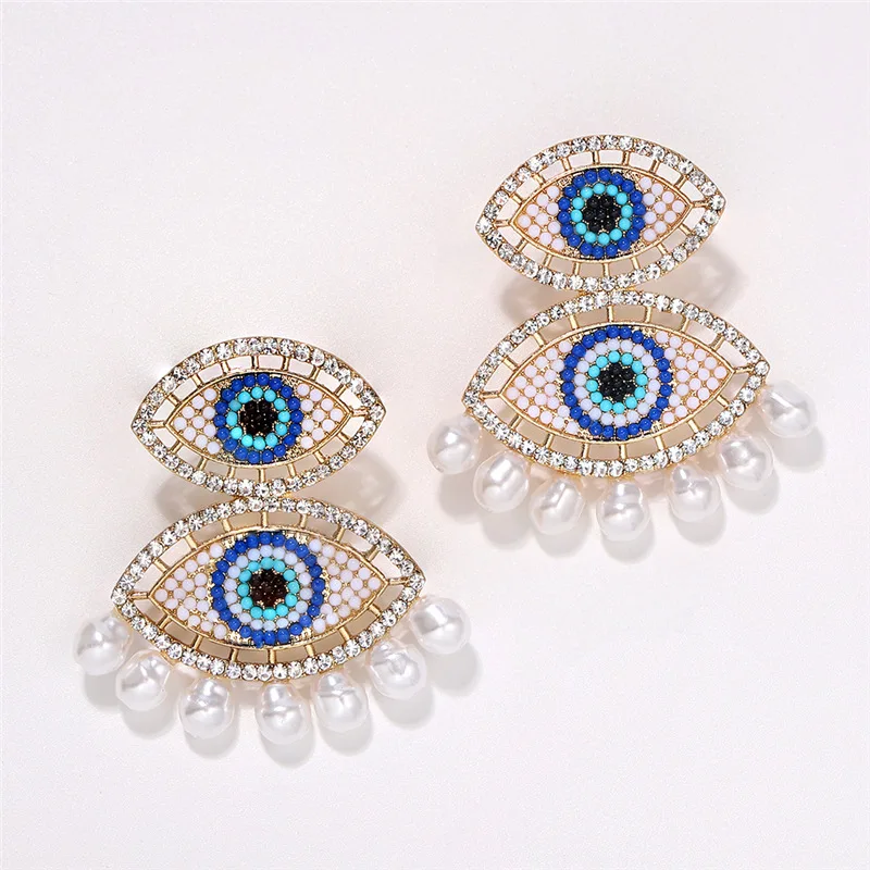 

New Design Ethnic Style Double Evil Eyes Pearl Drop Earrings Turkish Seed Beads Evil Eyes Earrings For Women