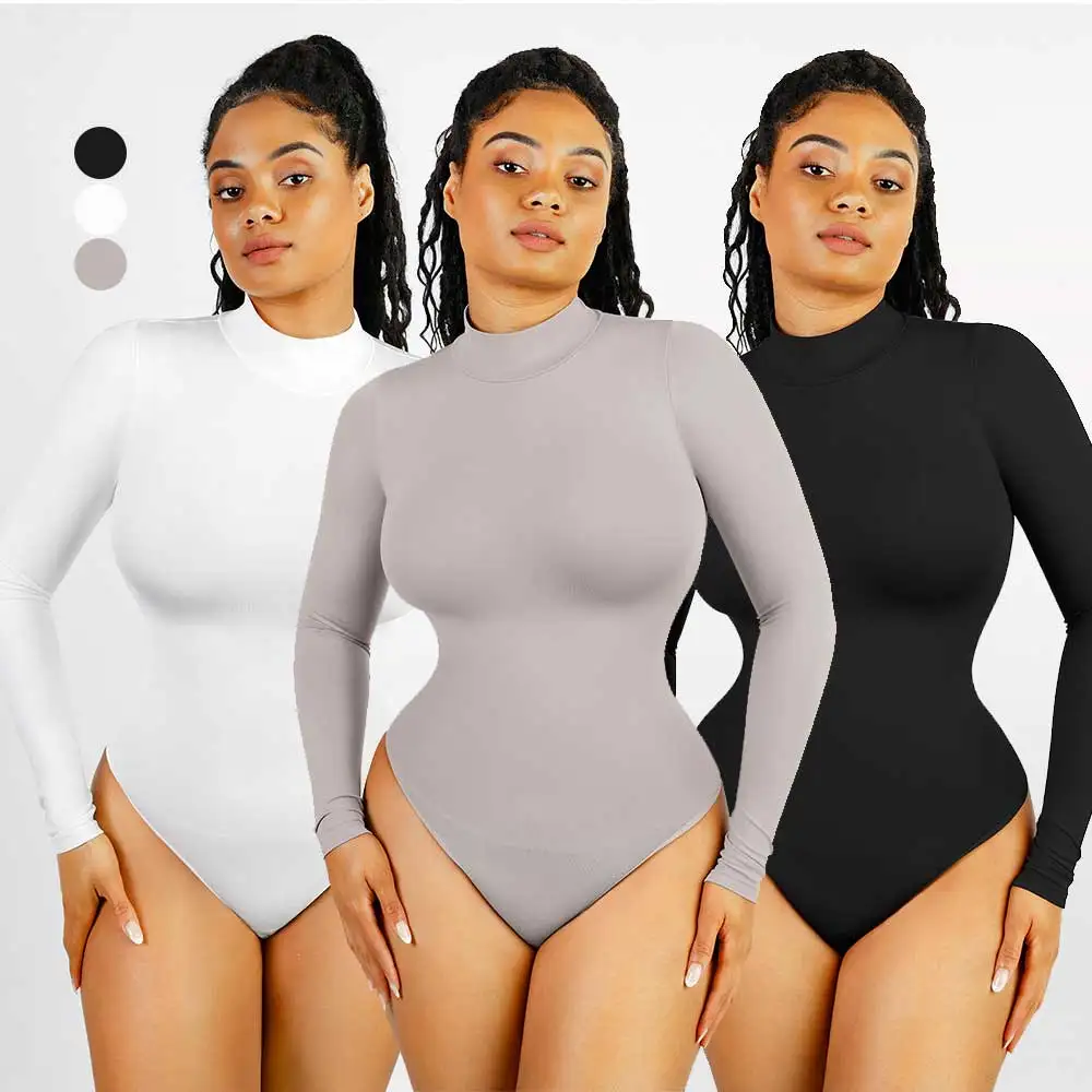 

hexin custom logo seamless long sleeved bodysuit for women shapewear seamless bodysuit