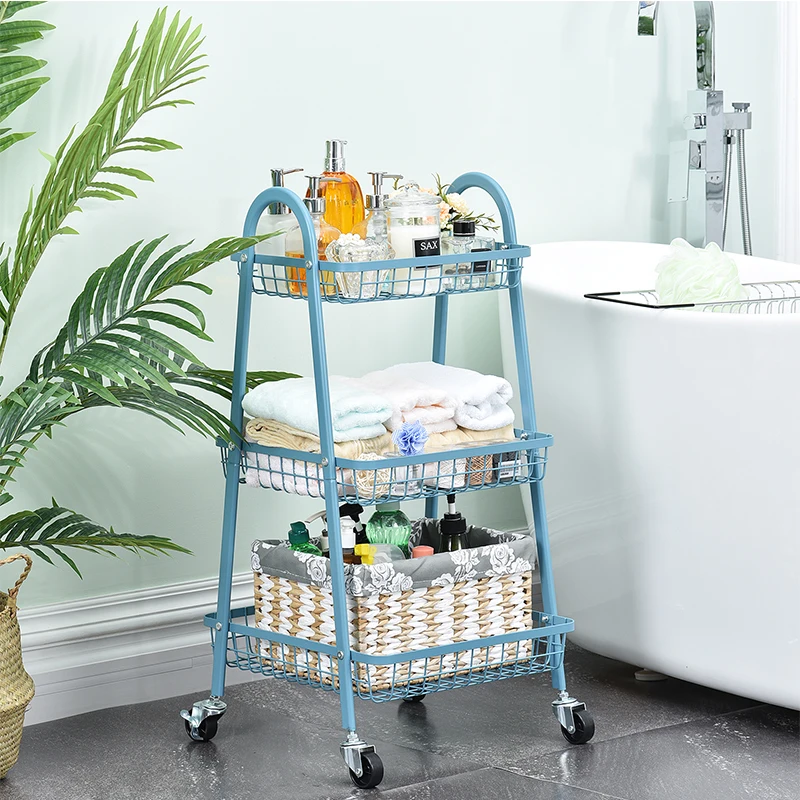 

3-Tier Rolling Cart, Heavy Duty Storage Cart with Lockable Wheels Wire Basket Utility Shelf Kitchen Cart, Customized color