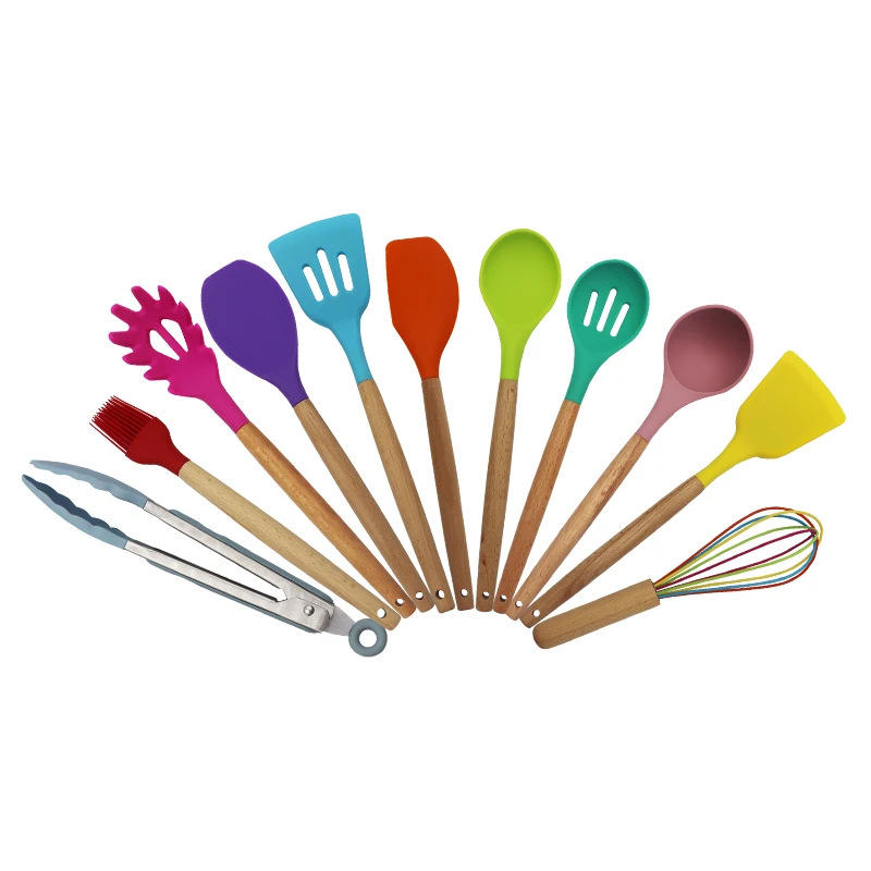 

12 Pcs/Set Silicone Kitchen Accessories Cooking Tools Kitchenware Silicone Kitchen Utensils With Wooden Handles, Light green /dark green/purple/pink/red/black/grey/colorful