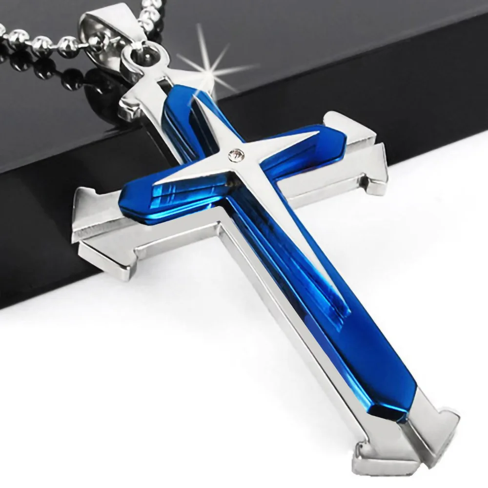 

Fashion Diamond Cross Blue Black Stainless Steel Statement Jewelry Pandent Necklace For Men, Gold;silver;blue;black