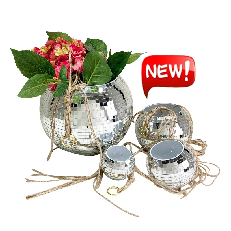 

6 inch 8 inch mirror disco ball planter pot With Chain Macrame Rope Silver Rose Gold hanging indoor outdoor garden decoration