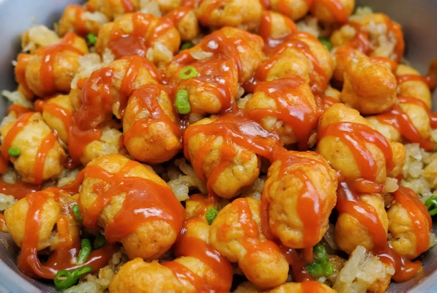 Close-up of Panda Express chili sauce drizzled over orange chicken with fresh ingredients