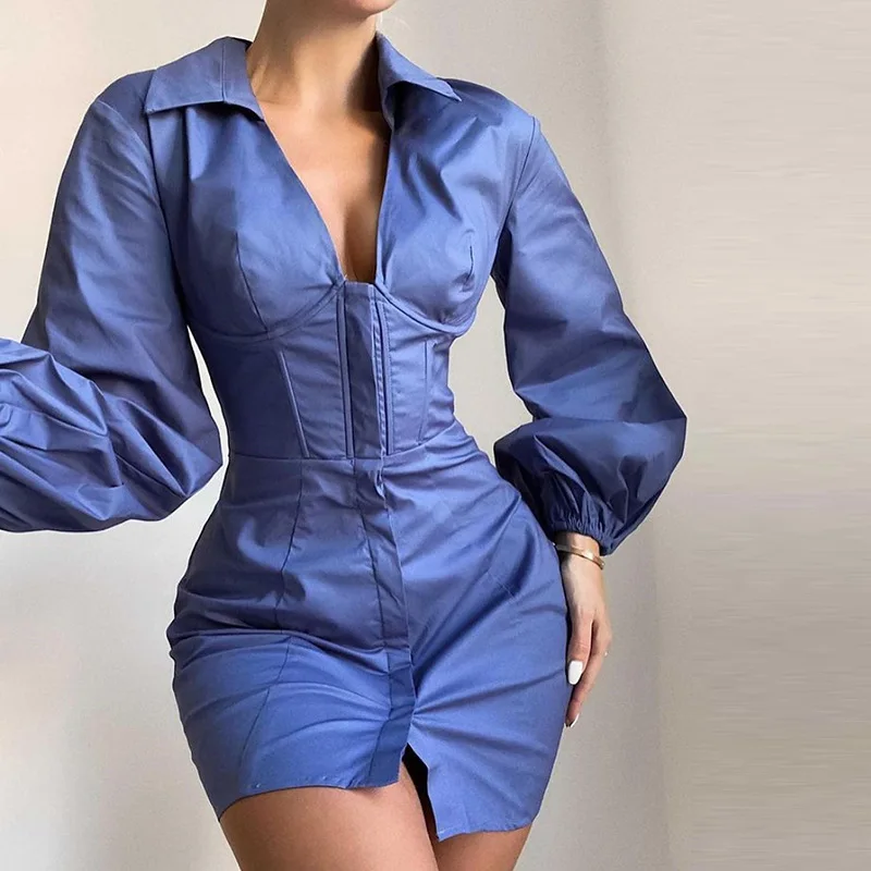 

2021 New Arrival New Dress For Lady Casual Sexy Lantern Sleeve V-Neck Fashion Cardigan Short Sexy Dresses For Ladies