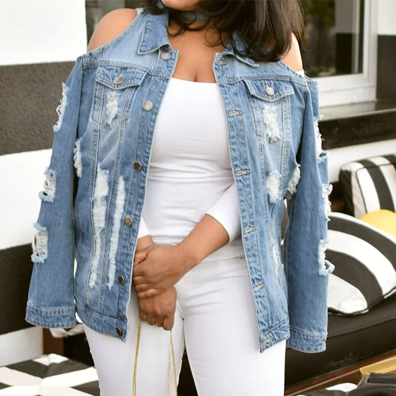 

autumn plus size coats vintage sexy off-the-shoulder denim jean jacket