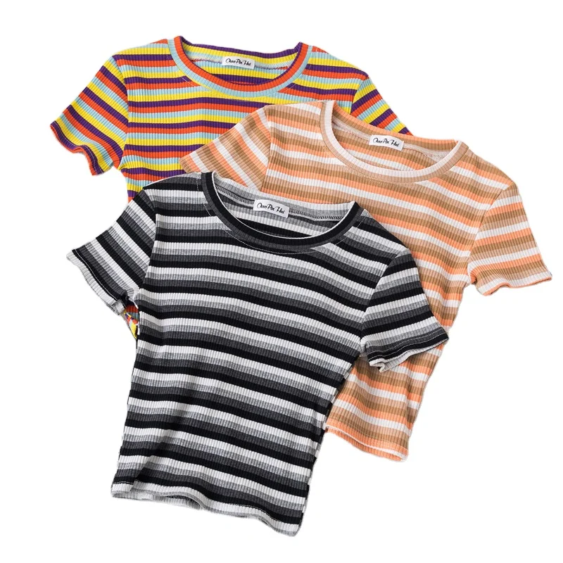 

Ladies Cotton Rainbow Striped Top T-shirt Summer Short Sleeve Navel Tight Stitching High Waist Fashion Clothes