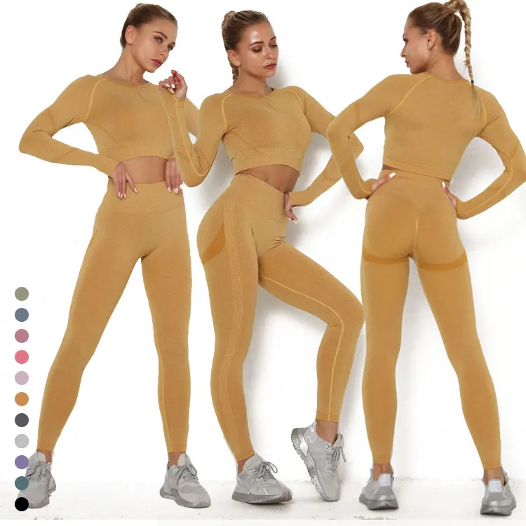 

Custom Jogging Sport Clothing Slim Seamless Activewear Long Sleeve Gym Wear High Waisted Leggings Butt Lift 2pc Yoga Set Woman, Blue,green,pink,gray,yellow