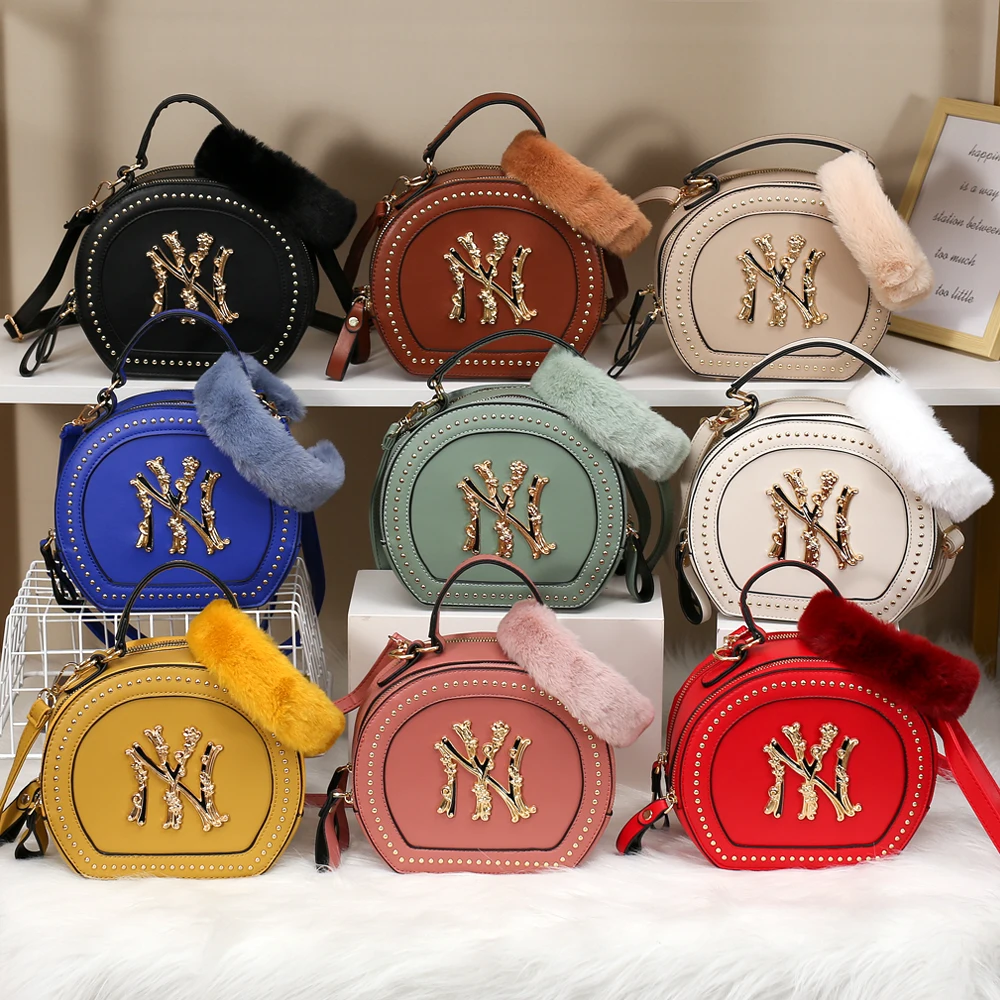 

New design round bags crossbody purses furry hair hoops set designer bags handbags women famous brands new york purse set, 9 colors