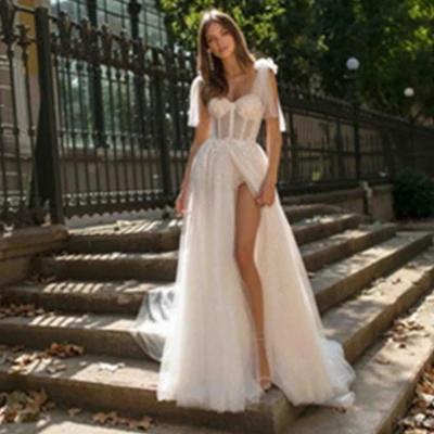 

Sexy suspenders with backless perspective long gown High split Wedding Dress, White