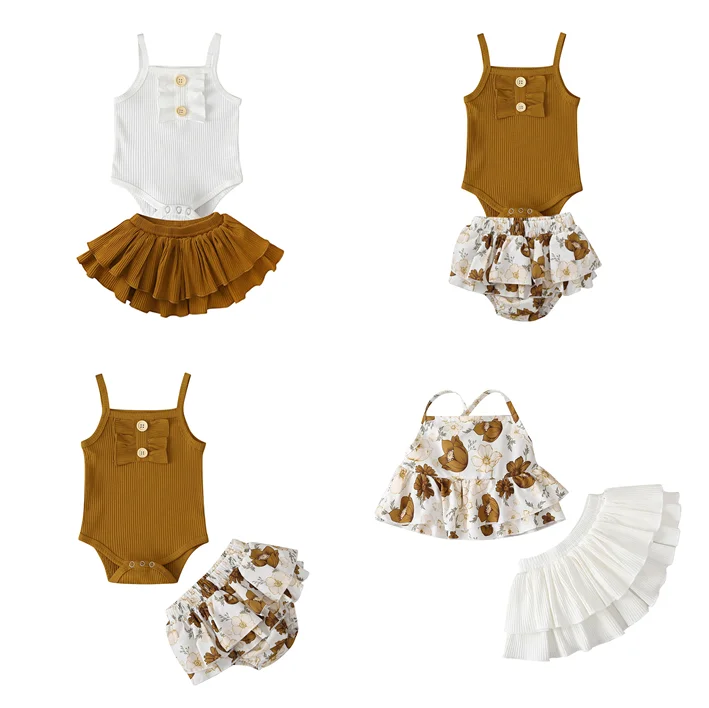 

2021 summer new suit fashion solid color suspenders flower jumpsuit skirt two pieces set baby clothing sets for girls, As pic shows, we can according to your request also