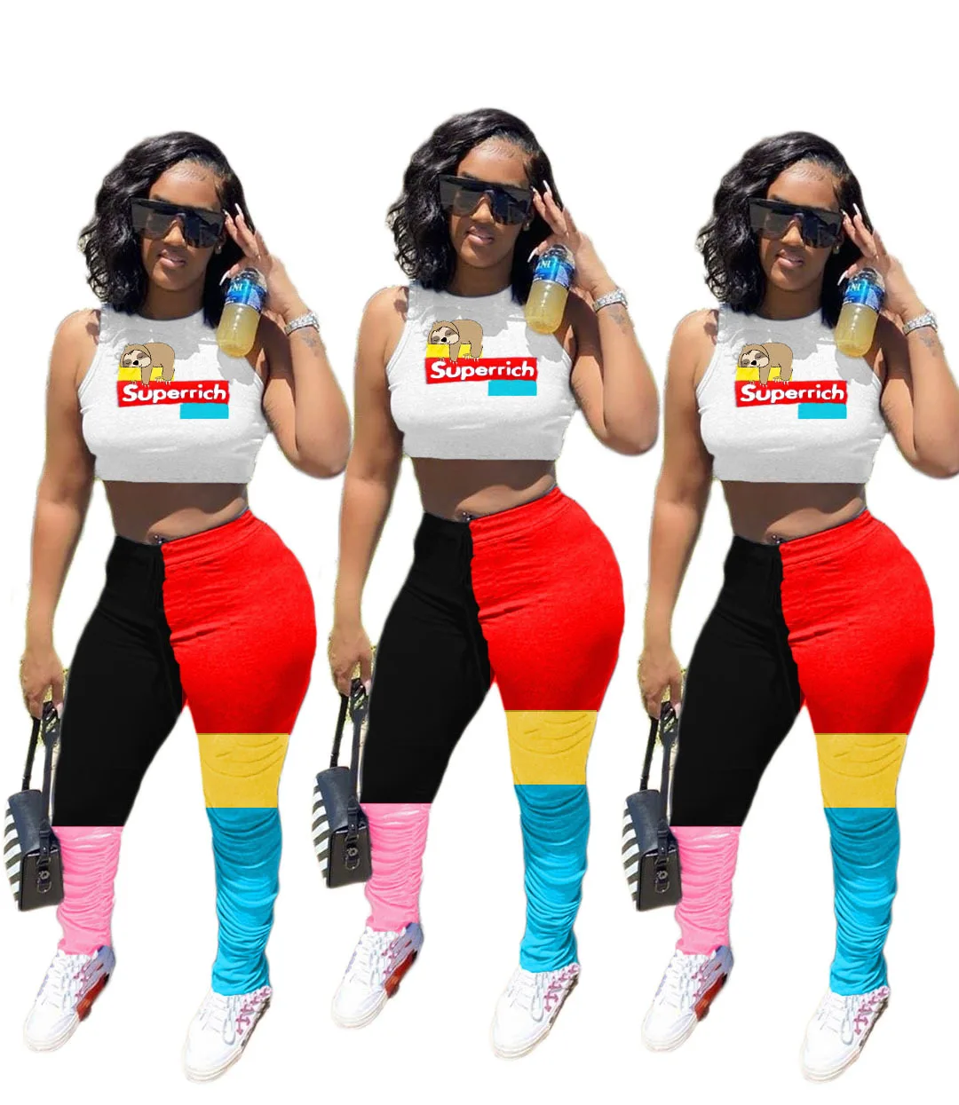

Stylish Fall Women Cargo Trousers Casual Patchwork Print Drawstring Skinny Stacked Jogger Pants, Picture color