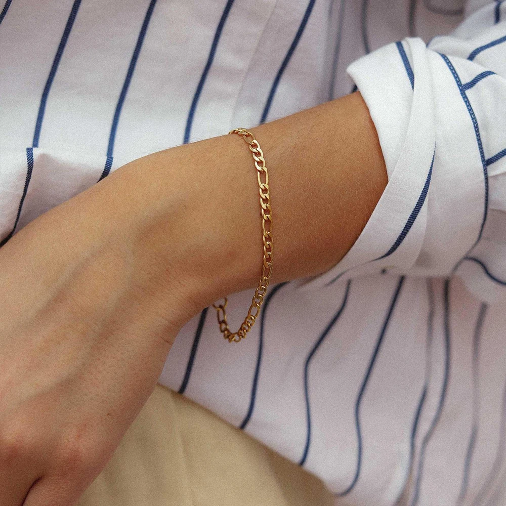 EManco 4mm 6mm 8mm Chain Figaro Bracelet 14K Gold Plated Stainless Steel Jewelry for Women