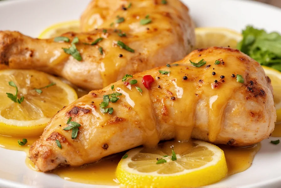 Close-up of golden honey lemon pepper sauce drizzled over grilled chicken with lemon slices and black pepper