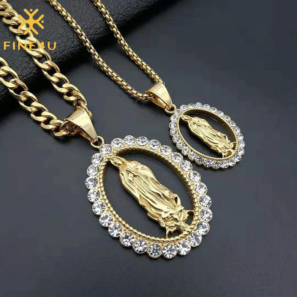 

Hip hop religious jewelry couple gold plated necklace stainless steel diamond iced out virgen virgin mary pendant