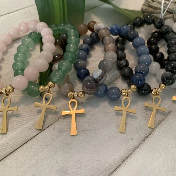 

Factory Wholesale Gemstone Bracelet with Gold Ankh Charm Gemstone Mala Bracelet, Silver,gold,rose gold,black color