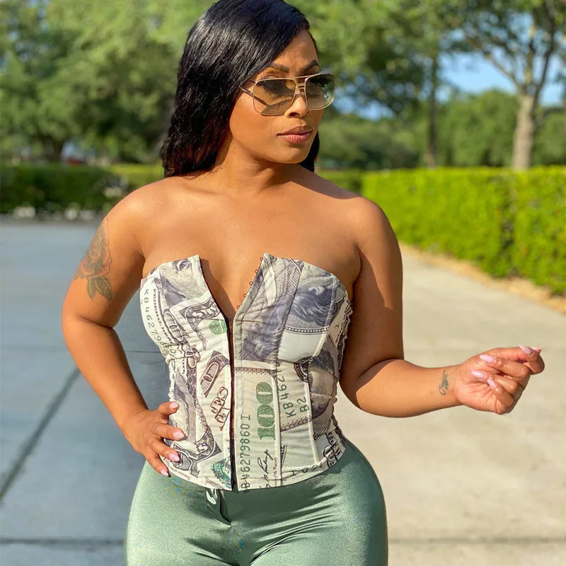 

New Arrival Deep V Neck Money Printed Crop Top Sexy Eye Hook Strapless Back Waist Belt Corset Money Print Corset Top For Woman, Pictures shows