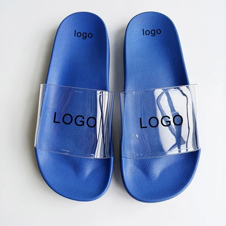 

High Quality unisex Summer Fashion Slipper Outdoor Sliders Sandal, light blank color sandals clear upper blue PVC Slides