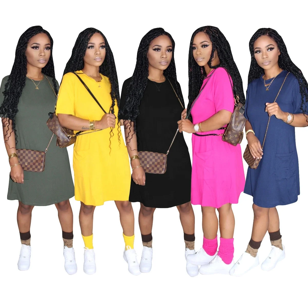 

MT58-1040 2020 solid color casual dress ladies plus size dress pocket