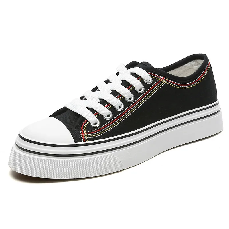 

2022 new stylish sewing thread embroidery ladies flat shoes casual white black sneakers wholesale canvas platform shoes women