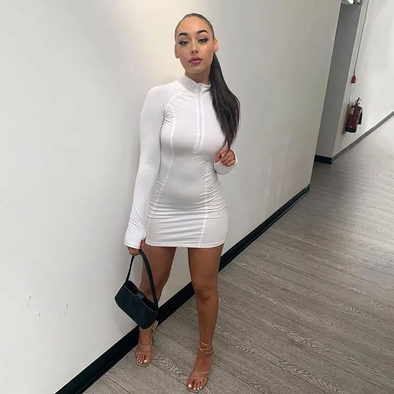 

2020 Autumn women transparent dress Knee above half zipper slim fit women long sleeve dress skinny fashion women dress