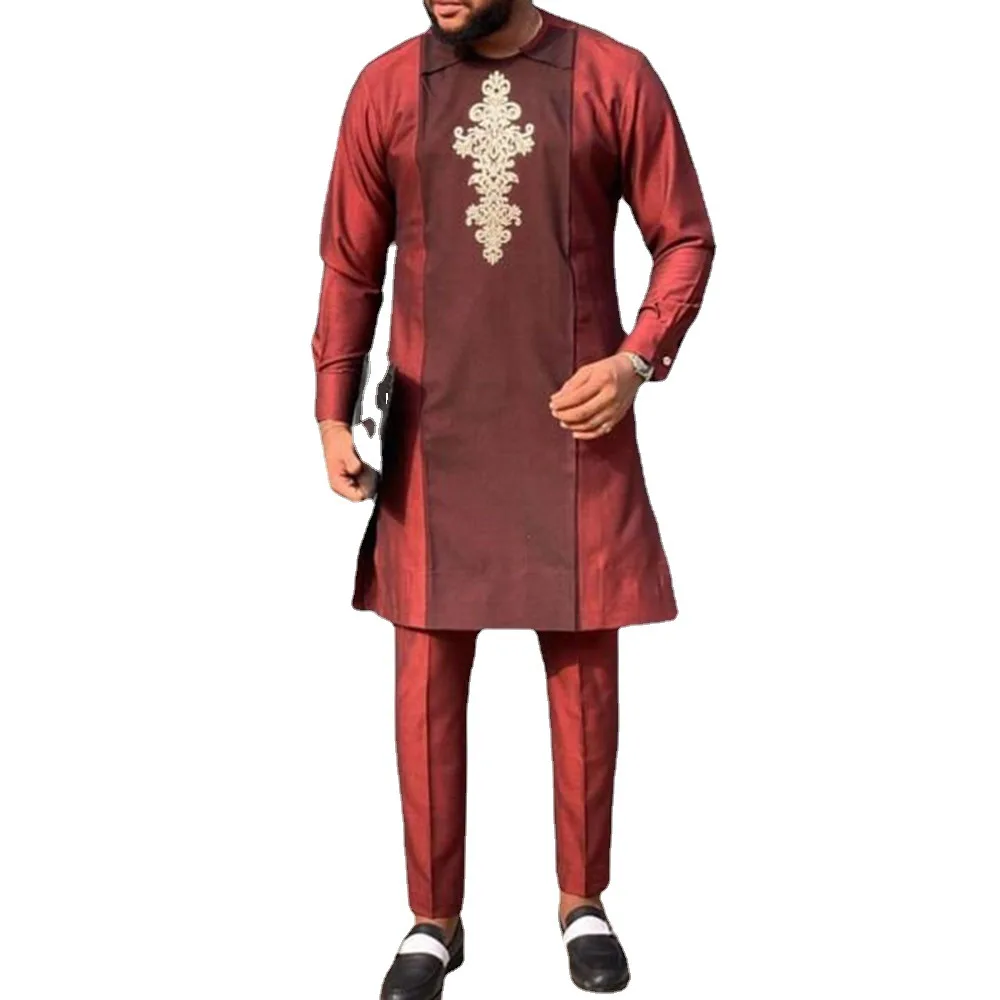 

African Ethnic Shirt Cotton Loose Casual Red Cotton Linen Suit 1138209