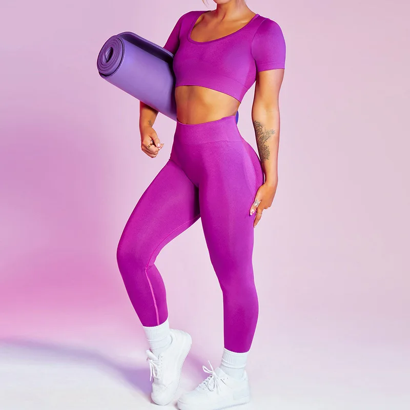 

women sports fitness wear round neck yoga crop top trendy workout 2 pieces leggings set