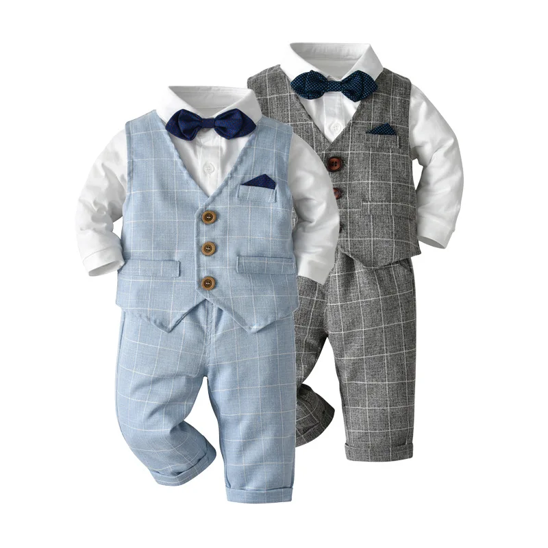 

428 Spring Autumn Toddler Baby Boy Gentleman Suit Romper Shirt BowTie+Plaid Vest+Trousers 3Pcs Formal Infant Kids Clothes Set, As the picture shows