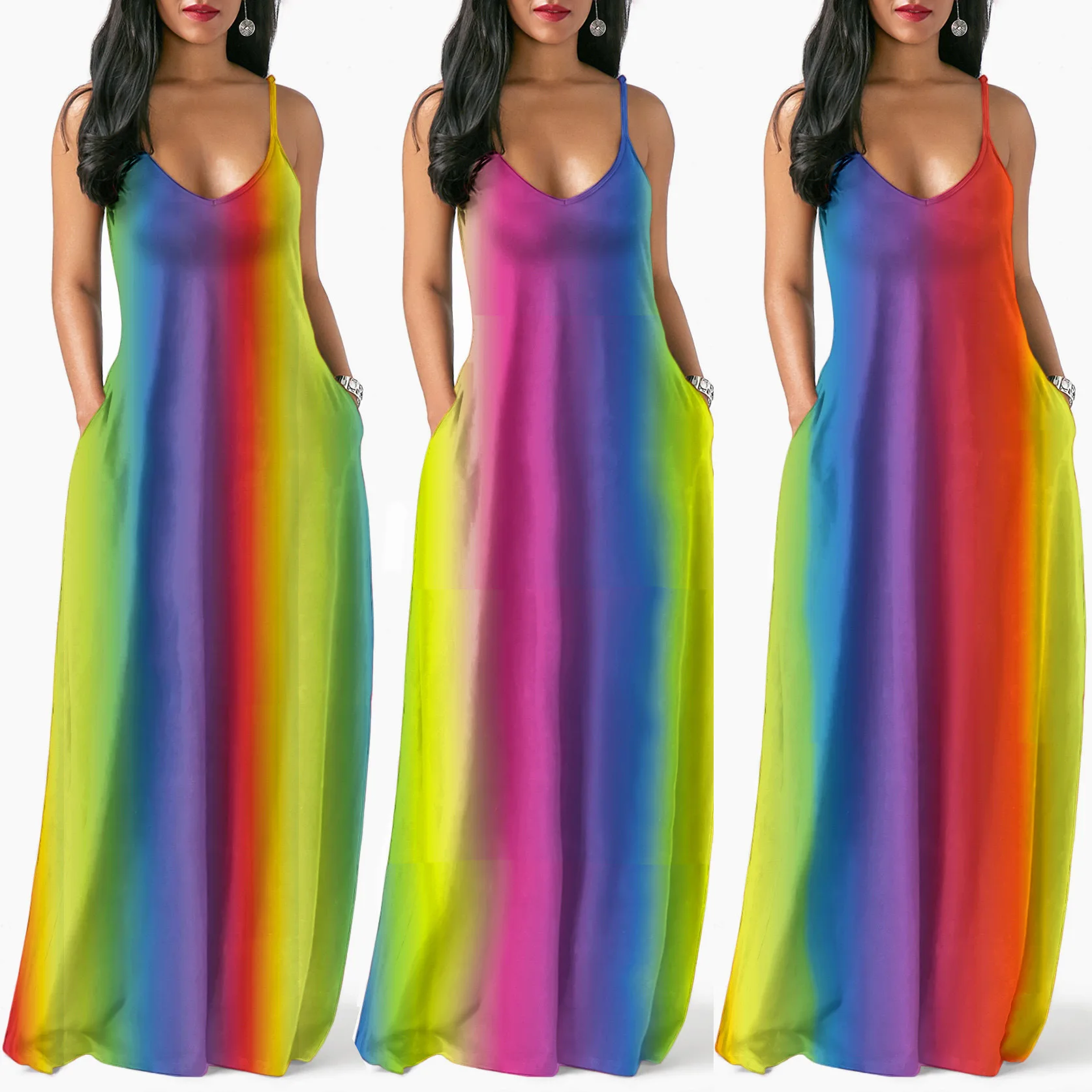 

2021 hot selling women elegant bodycon dress rainbow printing plus size slevveless sexy dress, As picture or customized make