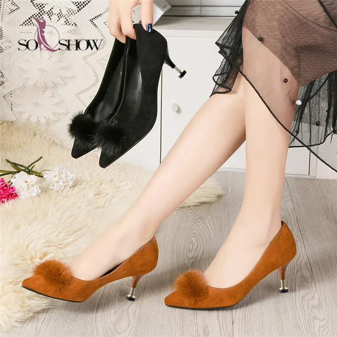 

China Manufacturer Fashion Party Cheap Women Dress Shoes Ladies Fur Mid Heels shoes with bobbles