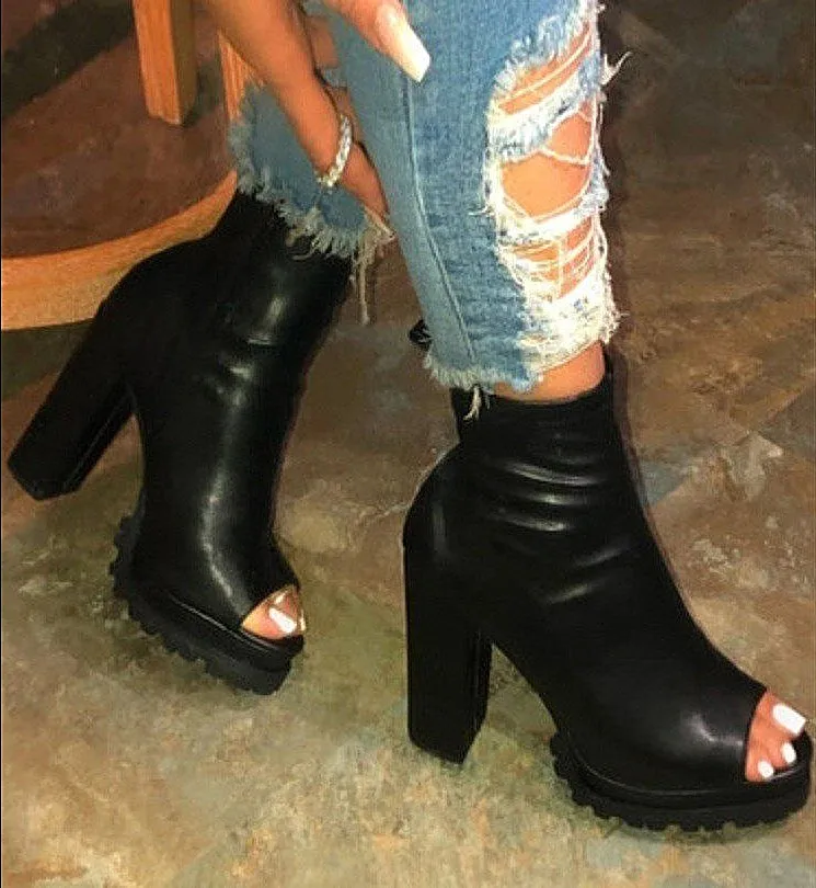 

New Fall Ladies Open Toe Square Heeled Boots Leather High Heels Platform Women Winter Ankle Boots, Black