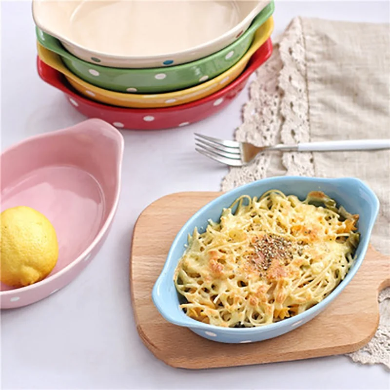 

Picnic Table ware Japanese Baking Oven Microwave Baked Resistant Cheese Bowl Wave Point Ceramic Plate, Color glazed