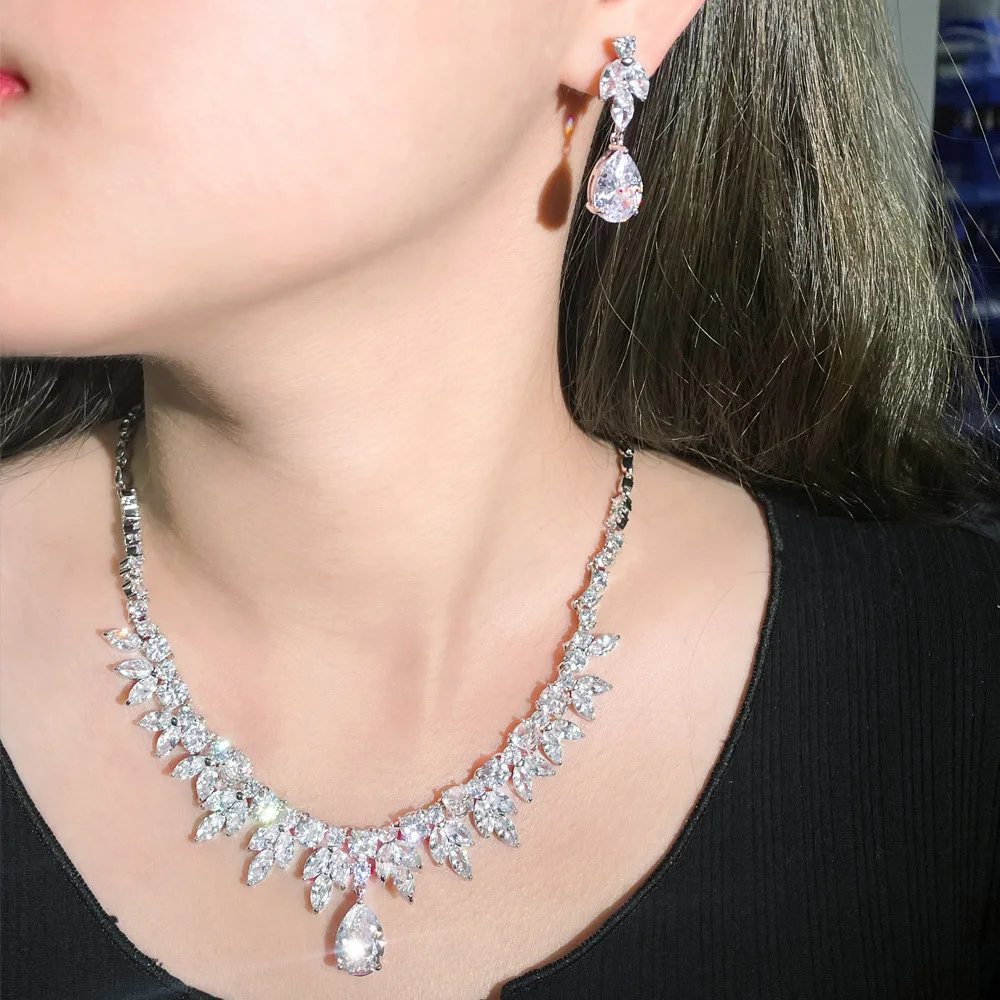 Leaf Shape Necklace and Earrings Bridal Party Accessories Silver Color Cubic Zirconia Wedding Jewelry Set for Brides Best Gifts
