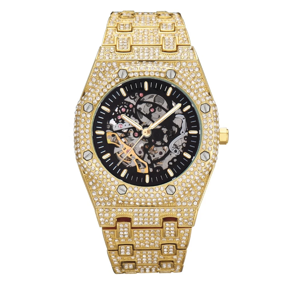 

Bling Hip Hop Gold Full Diamond Iced Out Watch Luxury Waterproof Skeleton Mechanical Mens Automatic Watch