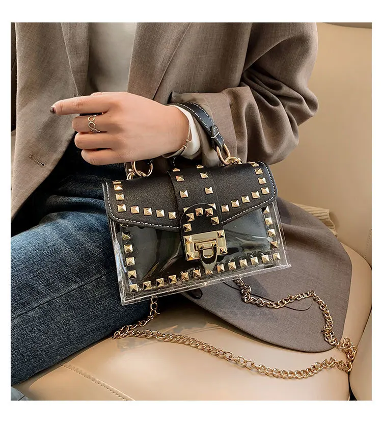 

2021 Luxury Ladies Shoulder Bag Jelly Purse Pvc Summer Clear Purses Rivet Jelly Handbag, 5 colors