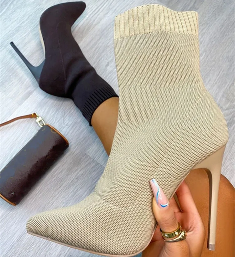 

2021 New Fashion Knit Comfy Stiletto Heel Ankle Sock Boots for Women Ladies Sexy Pointed Toe High Heel Boots, Black,gray