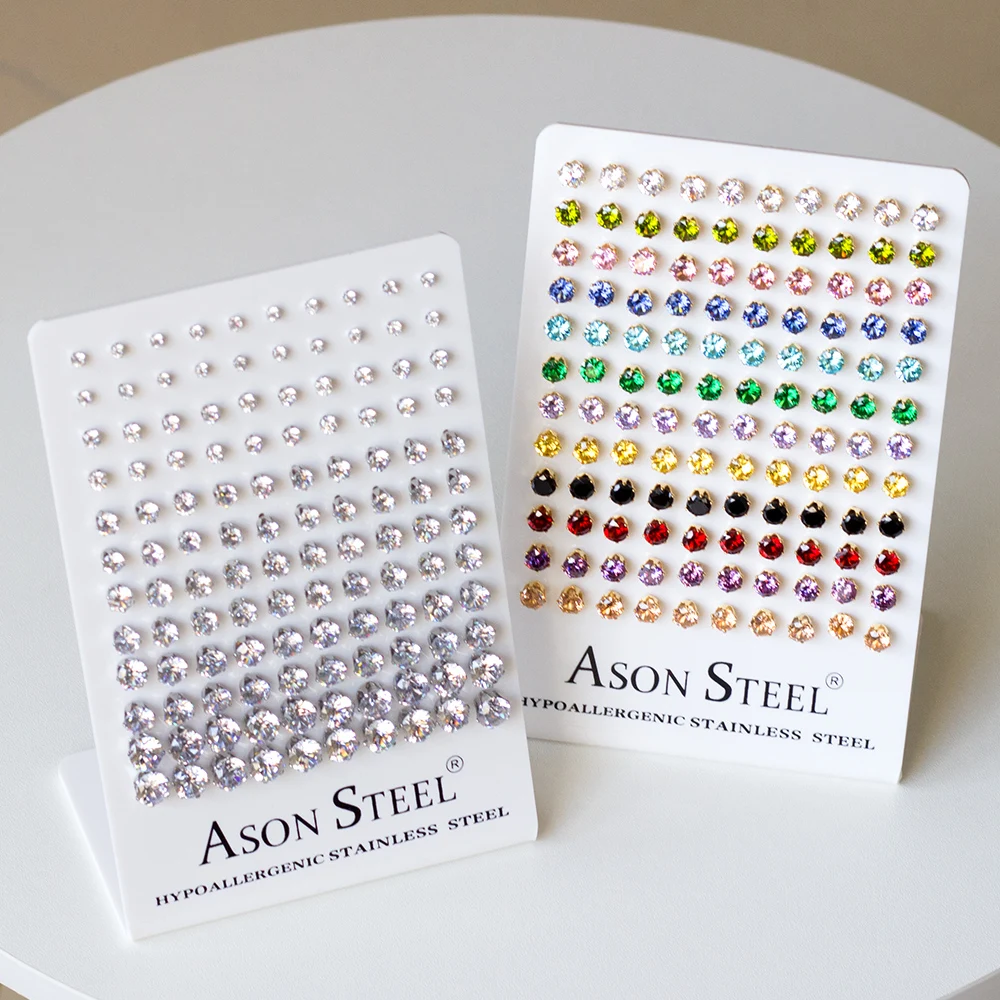 

Wholesale Hot Sale Colorful Zircon Stud Earrings Holder Waterproof Hypoallergenic Stainless Steel Jewelry for Unisex
