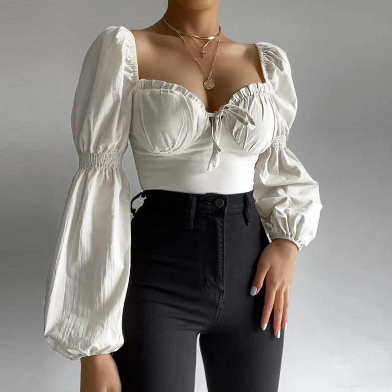 

DLL New Arrival Ladies Off Shoulder Puff Long Sleeve shirt Tie Front Ruched Back Crop Top Shirt Women