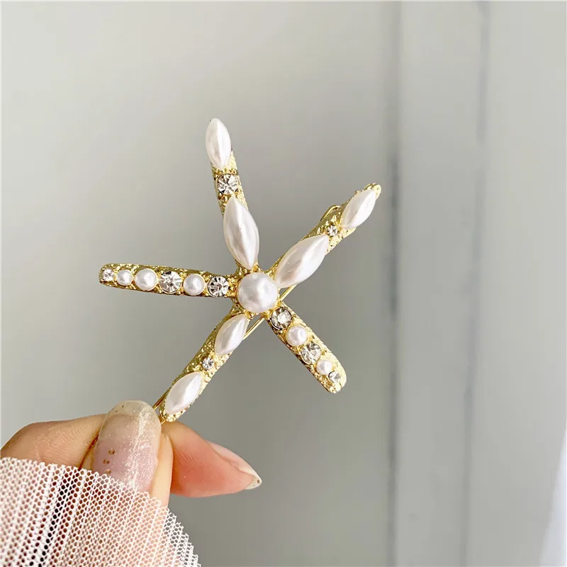 

Korea new temperament simple pearl fairy starfish frog clip word clip all-match hairpin gold Color Metal Statement Jewelry