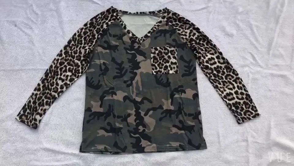 

Fashion Leopard Camouflage Print V-neck T Shirt Casual Long Sleeves T-shirt, Pictures show