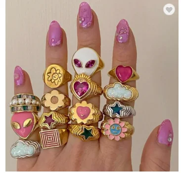 

MuXi Wholesale Popular Women Star Flower Finger Rings Jewelry Fashion Enamel Flower Ring Gold Smiley Face Rings For Girls, Many colors