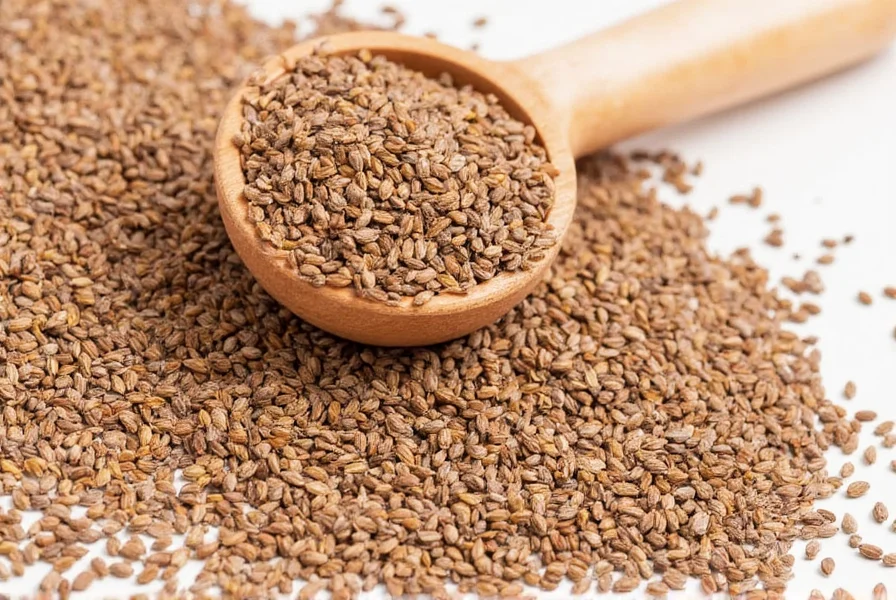 Close-up photography of golden brown cumin seeds scattered on wooden cutting board with mortar and pestle