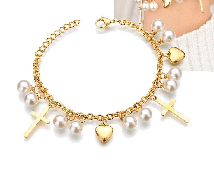 

2020 New Latest New Stainless Steel Jewelry Gold Plated Pearls Dangling Cross Multi Charms Statement Link Chain Bracelet