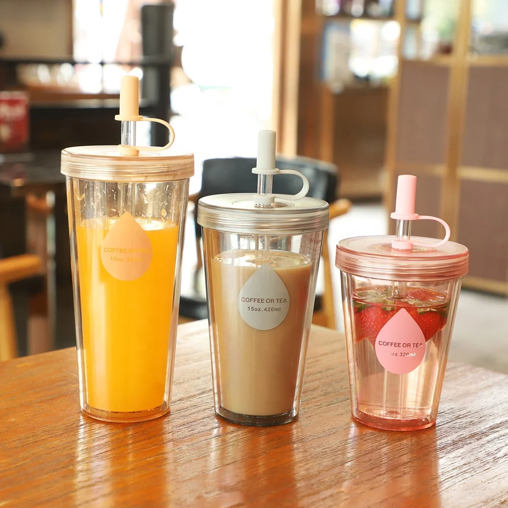 

LUCKYS New Arrival Double Layer BPA Free Clear Customized Cup Plastic Coffee Tumbler with Straw, Grey, pink, blue, green, orange