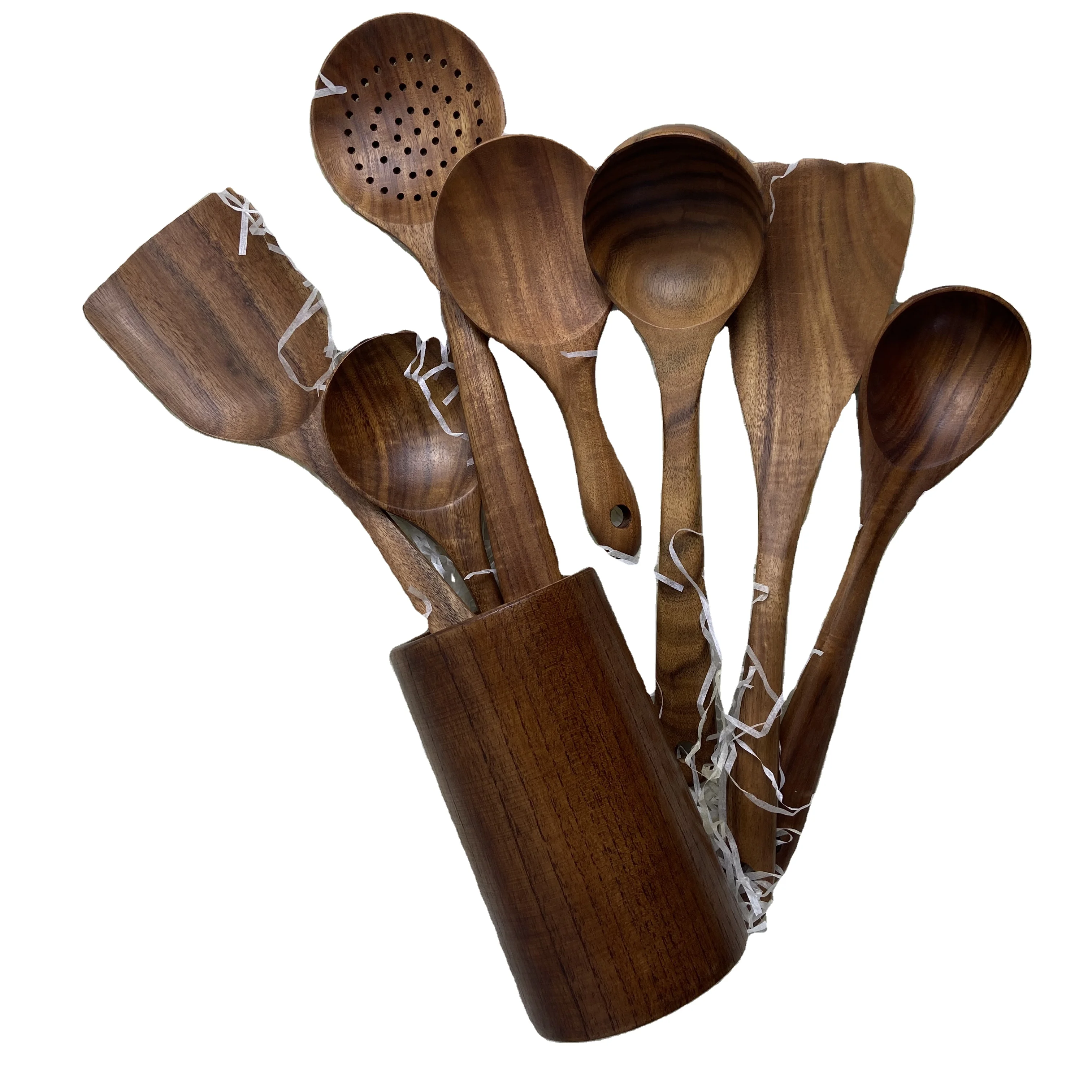 

DiYue Housewares DIY205181 Home Kitchen Tools Acacia Teak Wood Cooking Spoon Spatula Set Gift Stock Solid Wooden Holder Utensils, Natural wood color