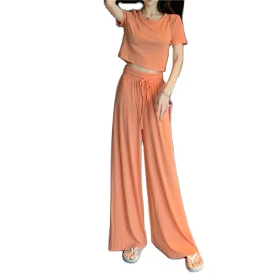 

2020 hot summer fashion casual yoga clothes women's solid color short T-shirt + loose wide leg pants 2-piece set, Gray, black, orange