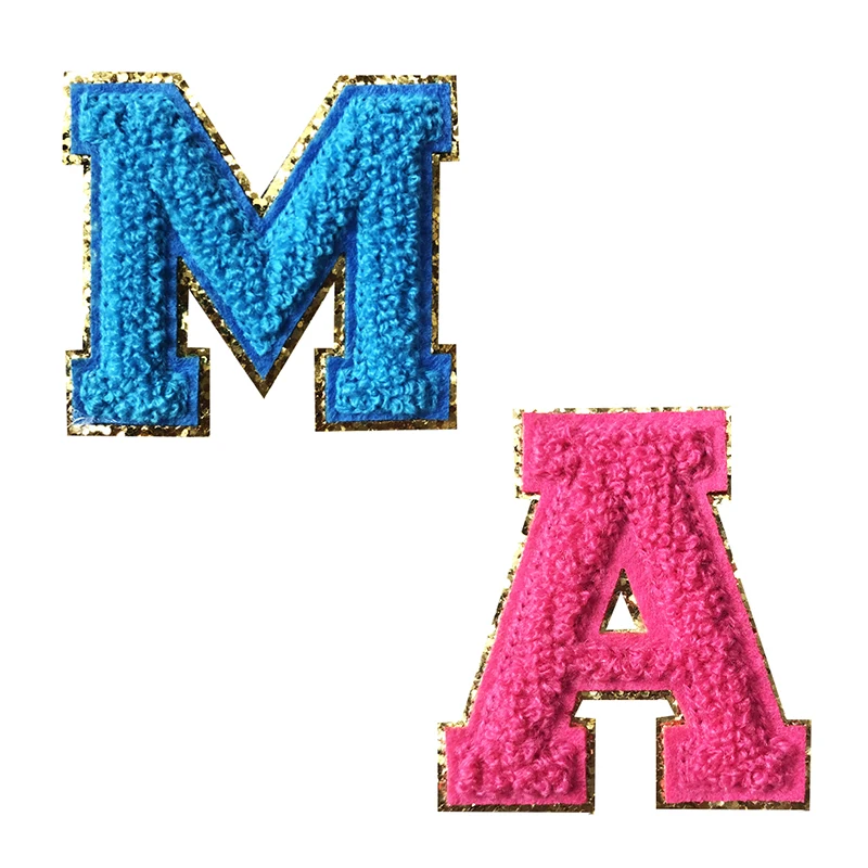 

2021 New Design Custom Logo Sequin Gold Alphabet With Glitter Embroidery Patch Towel Chenille Letter Patches For Girls, Custom color