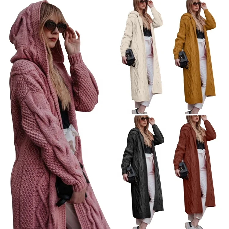 

Vintage Loose Long Sleeve Hooded Winter Knitted Women Long Cardigan Sweater Coat, Multiple colors to choose