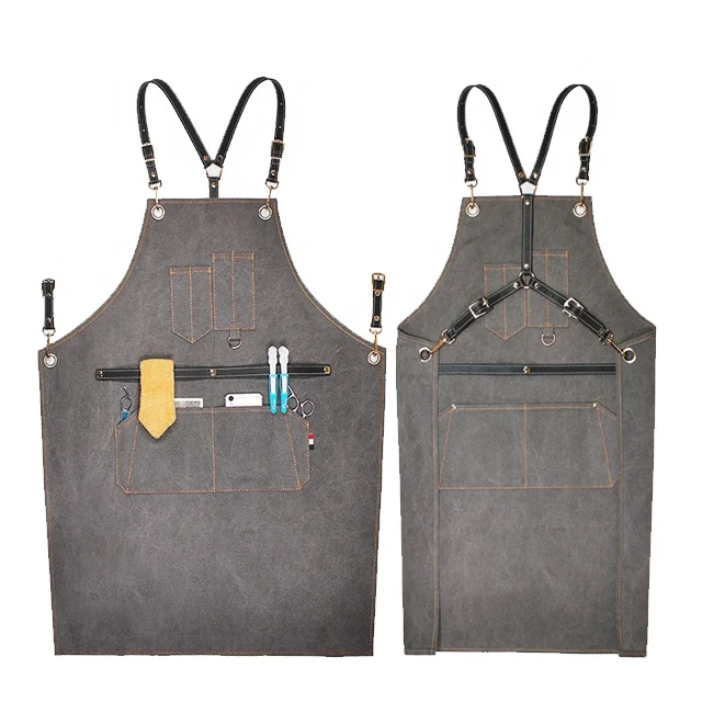 

SunYue Black Grey Cotton Heavy Canvas Apron With Black PU Belt Barista Coffee Shop Worker, Can be customized