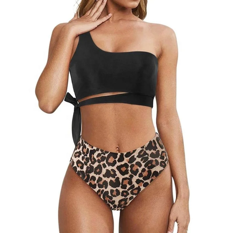 

2022 New Design One Shoulder Asymmetric Solid Black and Leopard Triangle Swimwear Summer Women Solid Bikini Sexy TOSWIM